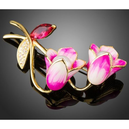 Arannyal bevont pink-fehér olajfestéses virág bross